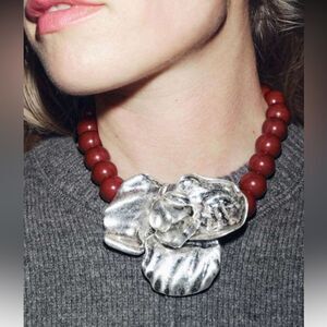 Silver Floral Necklace with Red Beads N1492